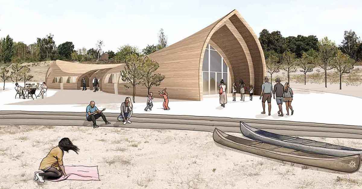 sedlitz-collage_web-beitragsbild Perspektive eines Holzgebäudes, welches an ein umgedrehtes Kanu erinnert, mit Menschen und umgebender Vegetation. Skizzenhafter Stil.