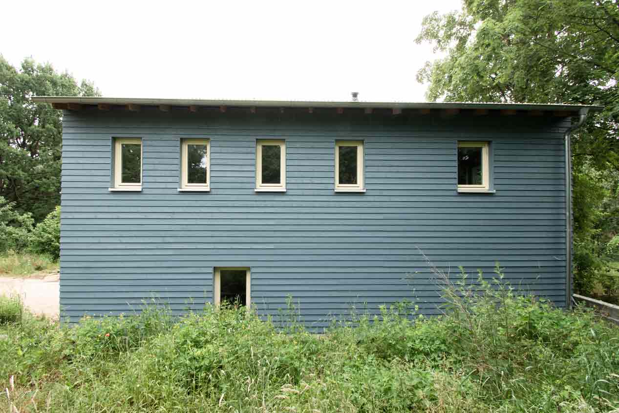 Bild "blaues Haus". Blick auf die blaue Holzfassade. Vegetation im Vordergrund.
