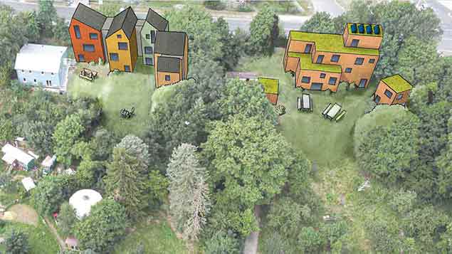 Skizze möglicher Bauten auf dem Gelände der Montessori Schule in Strausberg. Die Gebäude wurden in ein Foto des Geländes reinskizziert.