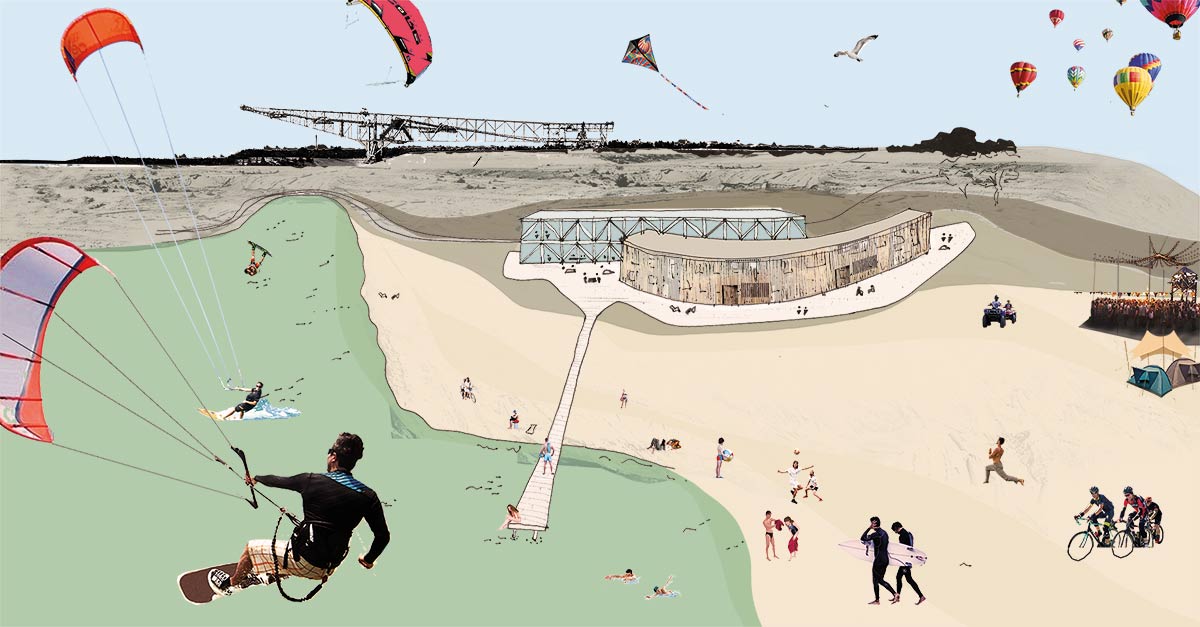 Collage zeigt einen Kitesurfer im Vordergrund und viele weitere, im Hintergrund sind Tourist:innen zu sehen und ein skizziertes Gebäude in zwei Teilen, eines gerade, das andere rund - im Hintergrund ist ein Kran abgebildet