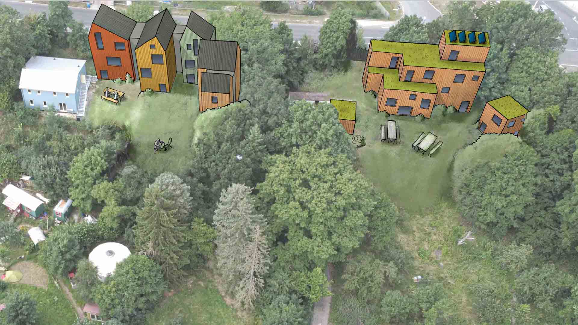 Skizze möglicher Bauten auf dem Gelände der Montessori Schule in Strausberg. Die Gebäude wurden in ein Foto des Geländes reinskizziert .