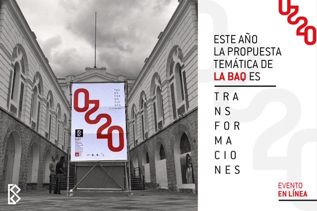 BAQ Flyer mit Thema der Veranstaltung. Linke Seite: Schwarz-weiß Foto mit Haus im Hintergrund und farbigen Plakat. Rechte Seite: Weißes Feld mit spanischer Schrift in schwarz und Wasserzeichen des Jahres 2020 im Hintergrund.