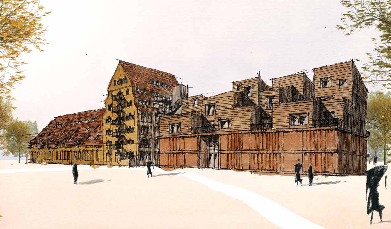 Skizze des Rügenspeichers mit geplanten Neubau. In einer Perspektive wird das alte Speichergebäude mit dem angeschlossen Neubau, welcher aus einer Art Terrassenhaus mit Holzcuben besteht dargestellt.