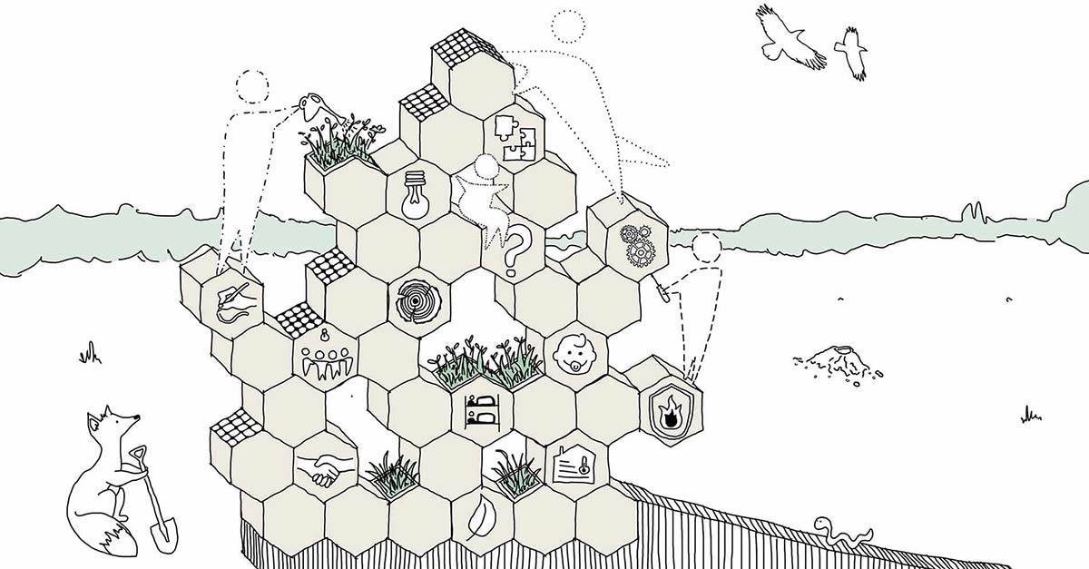 Skizze verschiedener Waben die unterschiedliche Symbole der cubus plan Ideologie zeigen. Um die Struktur sitzen Tiere und Menschen die mit den Waben interagieren.