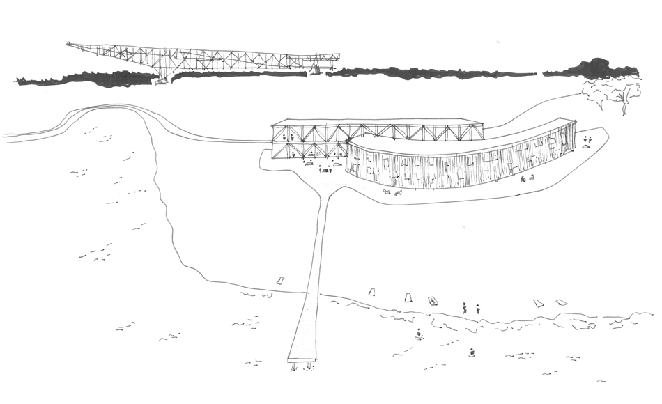 Skizze eines Vorentwurfs für ein Eventhostel am Bergheider See. Der Entwurf zeigt ein Stahlriegel in stringenter Geradlinigkeit und technischer Architektur als Verwaltungsbereich. Der zweite Gebäudeteil hat als geschwungene Welle eine organische Form und repräsentiert die Natur.