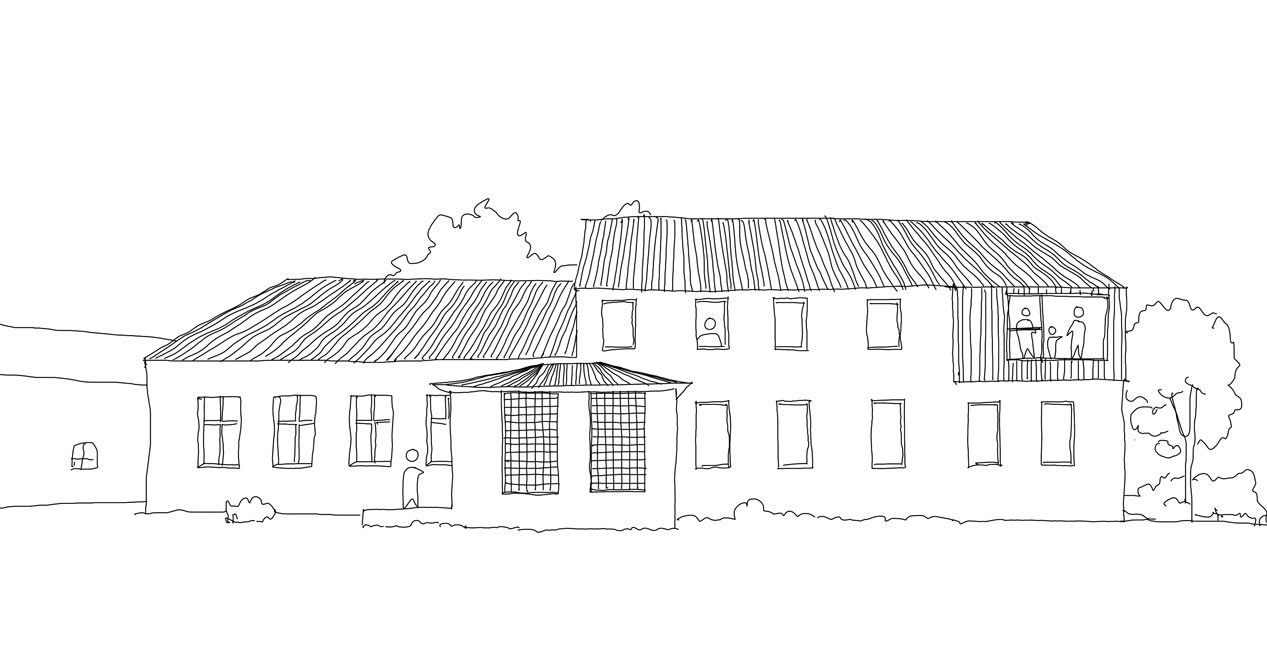 Skizze Hostel Hönow DORF25. Man sieht das Gebäude in schwarzen Stift skizziert. Die Skizze wird durch Menschen und Vegetation belebt.