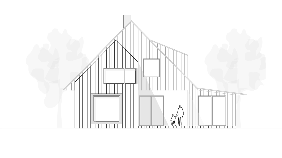 Architektonische Ansicht West. Im Vordergrund wir der Holzanbau in schwarz dargestellt, im Hintergrund der Bestand in hellem grau.