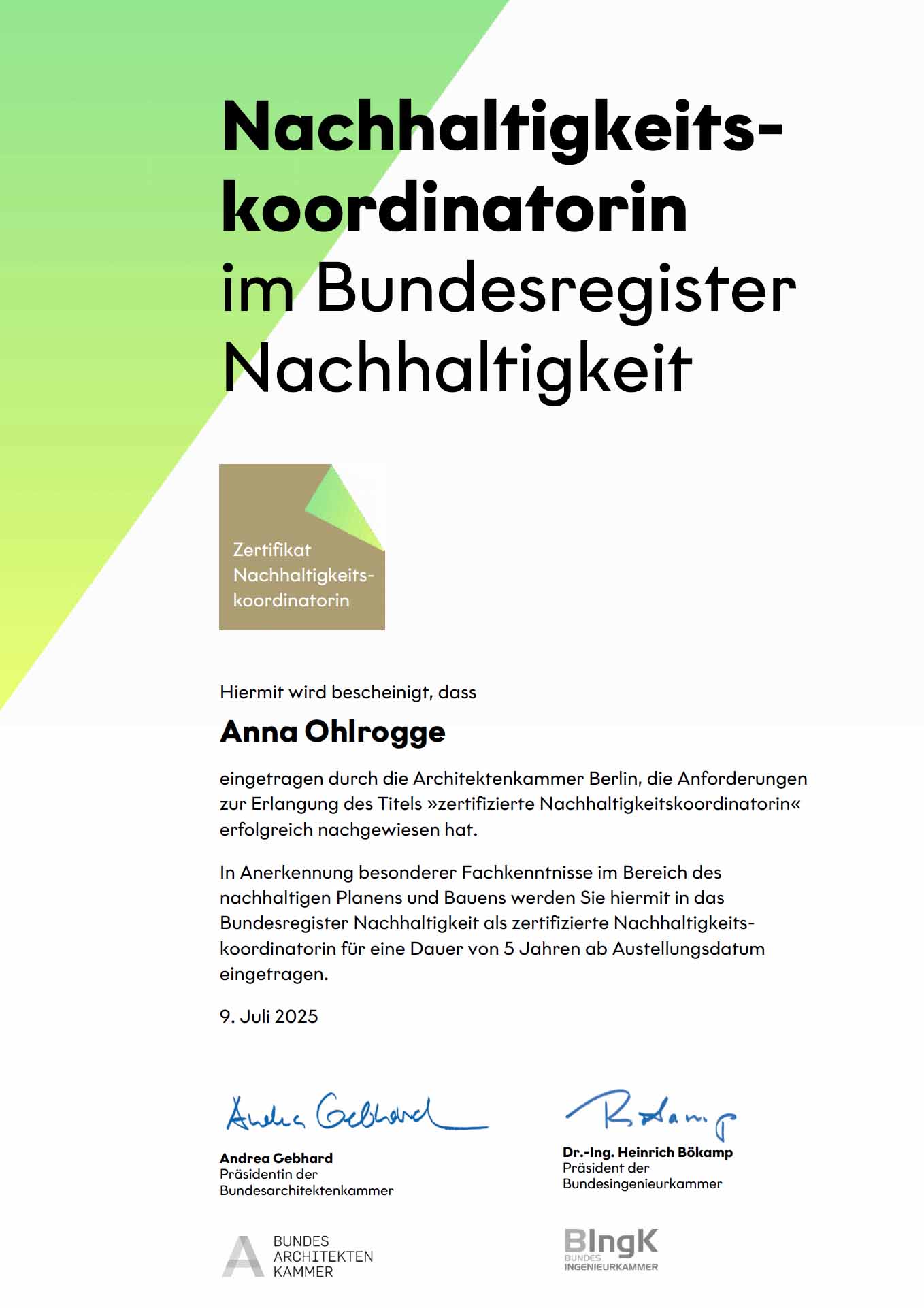 Zertfikat Nachhaltigkeitskoordinatorin_Anna_Ohlrogge Nachhaltigkeitszertifikat im Bundesregister Nachhaltigkeit von Anna Ohlrogge
