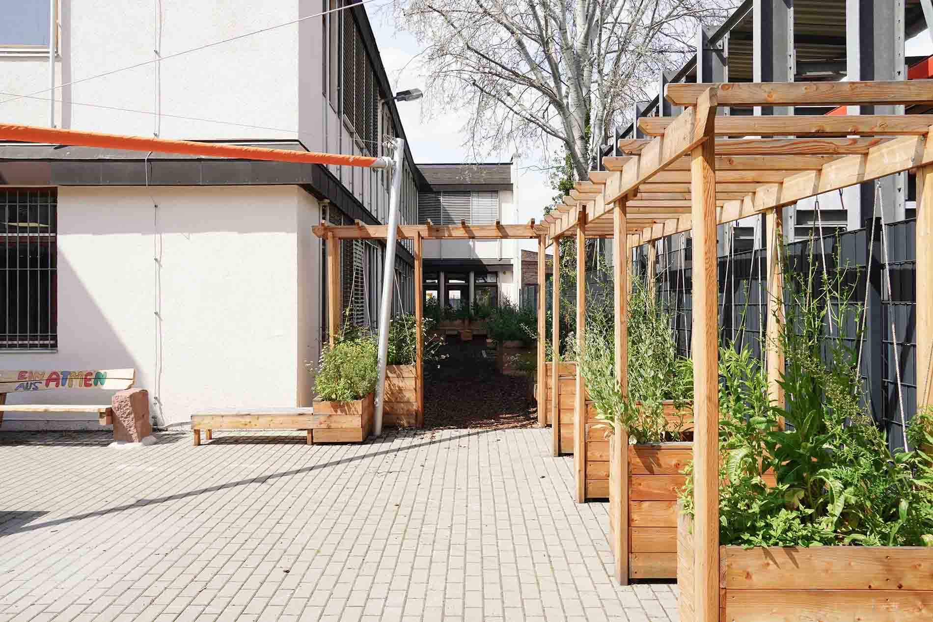 gepflasterter Hof der Quinoa-Schule, Hochbeete, Pflanzen