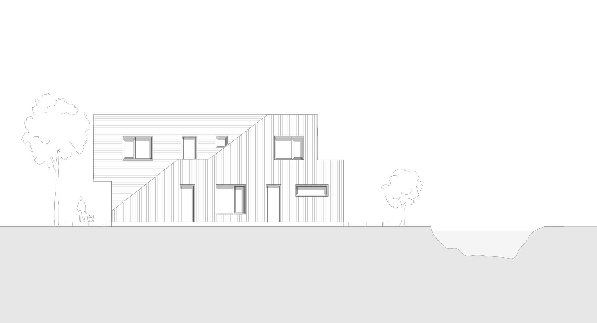 Architektonische Ansicht RUDE4. Man sieht die Außentreppe des Gebäudes sowie die abwechselnd strukturierte Holzverschalung.