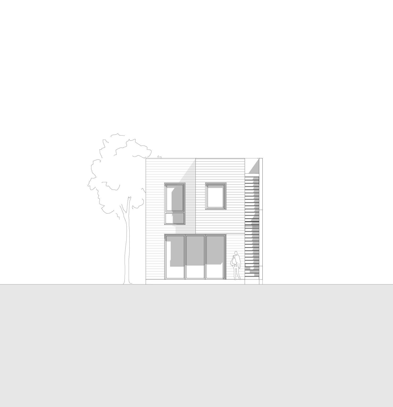 Architektonische Ansicht RUDE4. Man sieht die Stirnseite des Gebäudes mit Blick auf die Außentreppe.