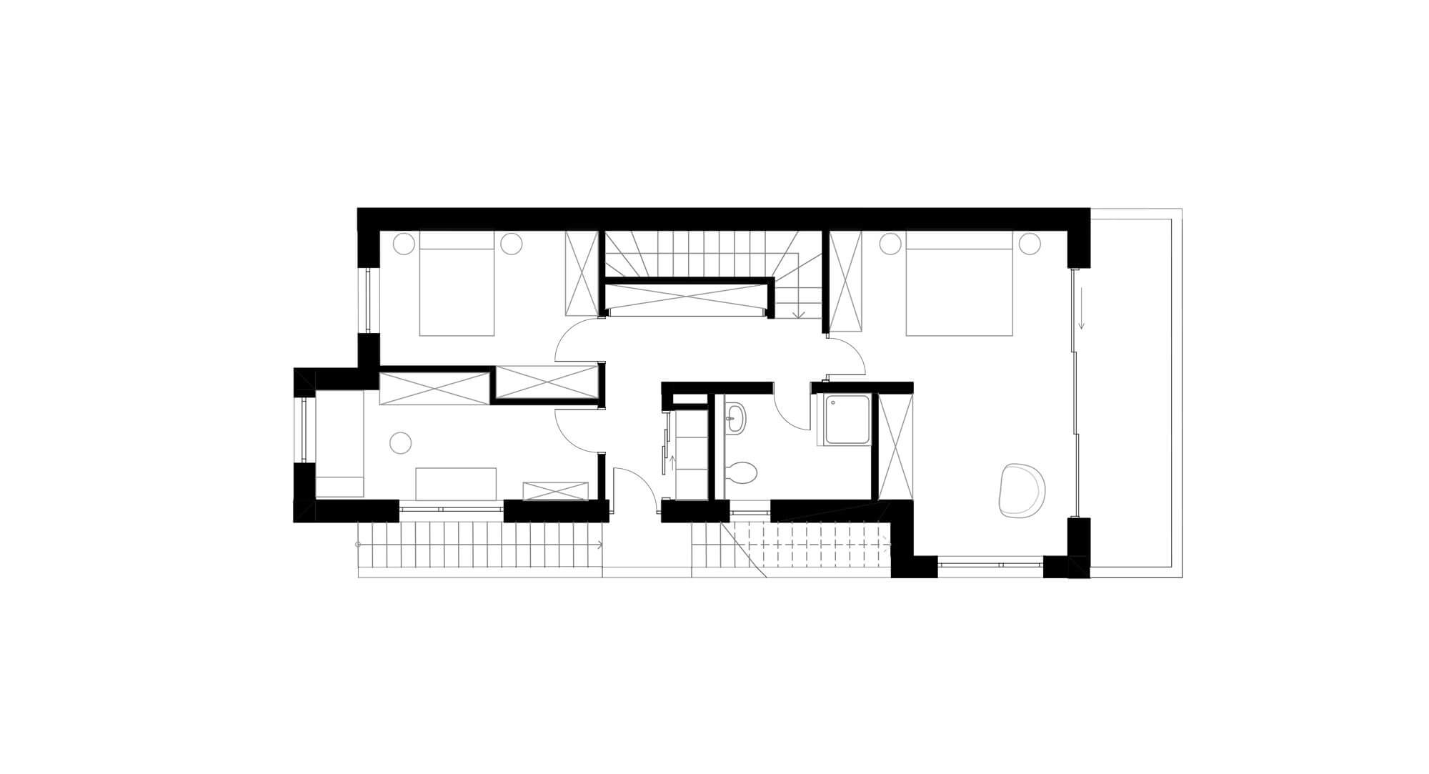 Architektonischer Grundriss OG RUDE4. Man sieht das Obergeschoss des Gebäudes welches über zwei Schlafzimmer und ein Arbeitszimmer verfügt.