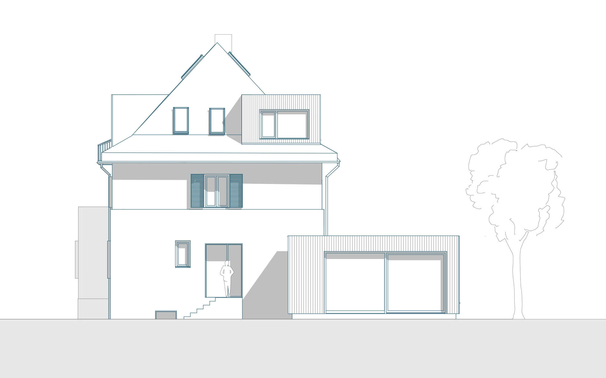 Architektonische Ansicht MUEG. Man sieht die Stirnseite des Hauses mit dem Haupteingang und dem neuen Anbau.