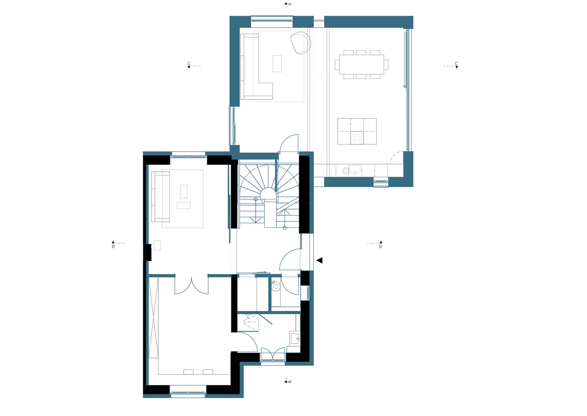 Architektonischer Grundriss EG MUEG. Man sieht den Erdgeschossgrundriss mit dem neuen Anbau indem sich die Küche und das Esszimmer befindet.