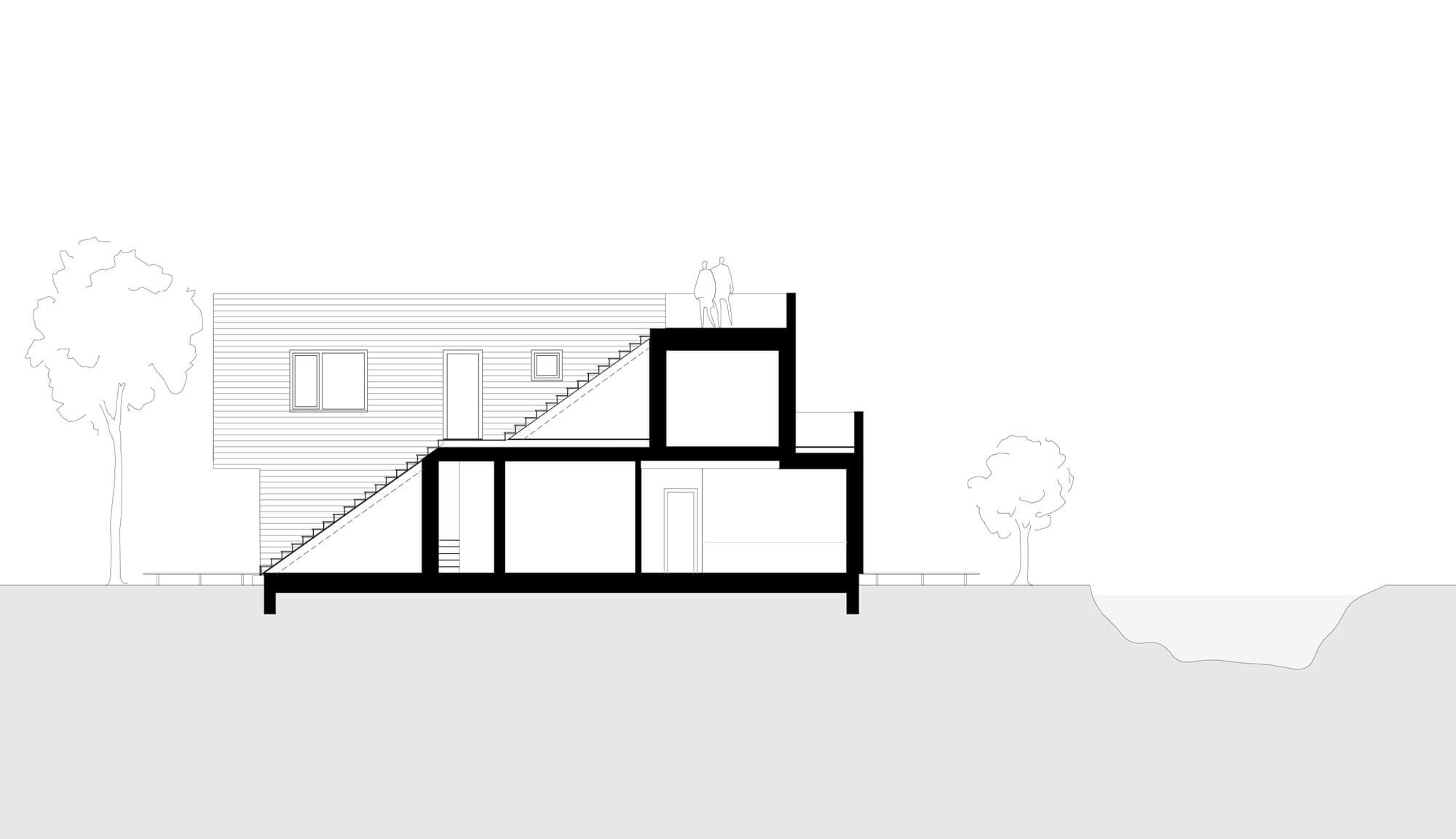 Architektonischer Schnitt RUDE4. Man sieht den Längsschnitt des Gebäudes. Die Außentreppe und die darunter leigenden Räume werden dargestellt.