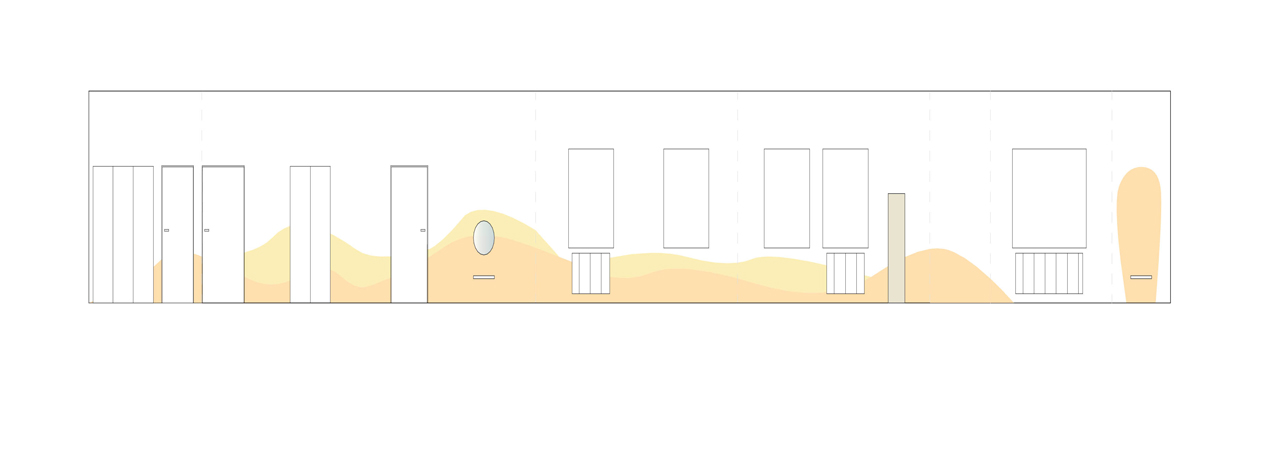 Wandabwicklung der Spielecke, Plan der farbigen Wndgestaltung in gelb, orange.
