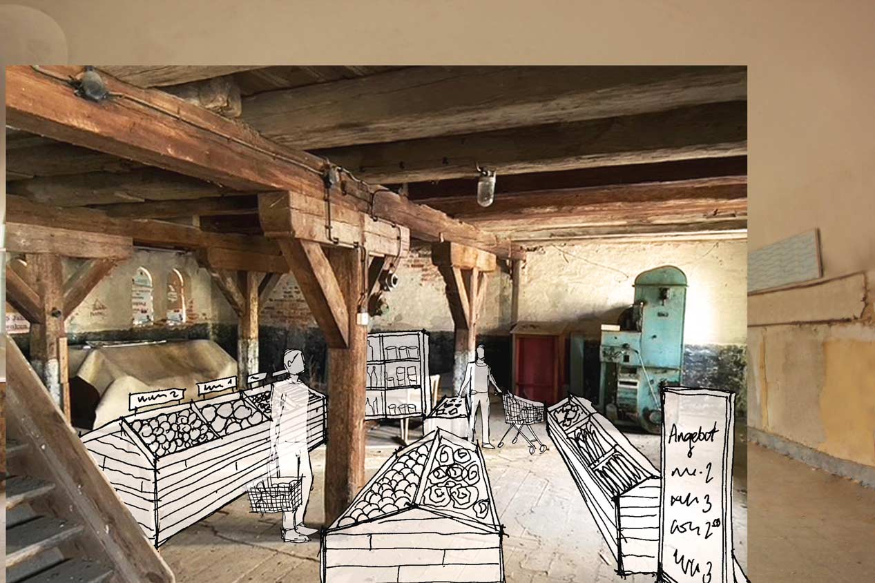 Collage des möglichen Ladens am Schloss Penkun