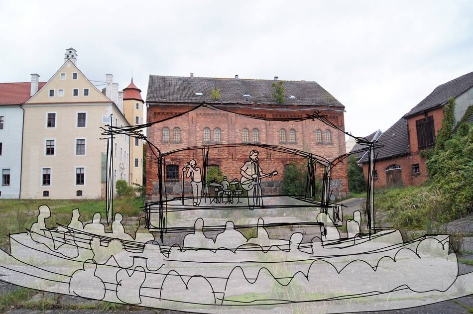 Eine Collage aus einem Foto des Schlosses und des alten Speichers mit einer gezeichneten Bühne mit Musikern und Publikum davor.