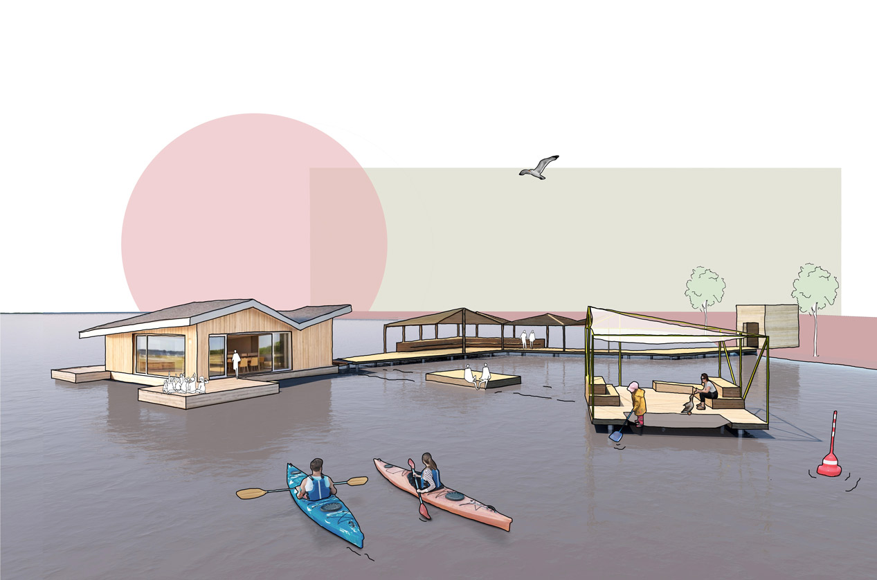 Eine farbige Collage des geplanten Steges auf dem See mit Paddlern, Kindern und Erwachsenen.