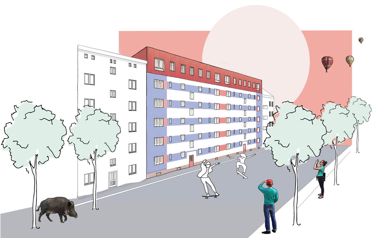 Collage zum geplanten Wohngebäude mit Heißluftballons im Hintergrund.