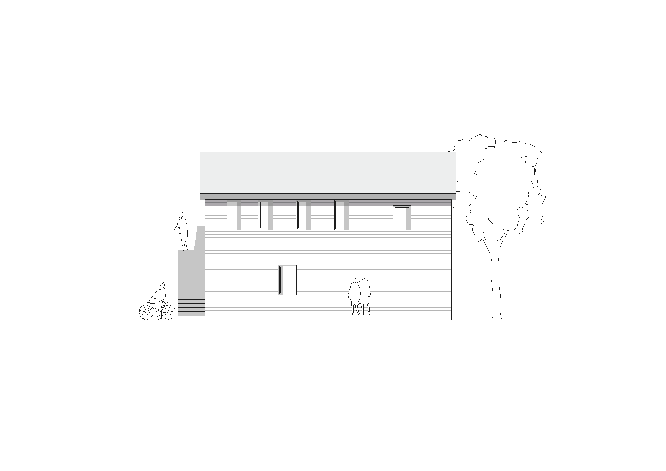 Ansicht des Blauen Hauses mit Treppe.