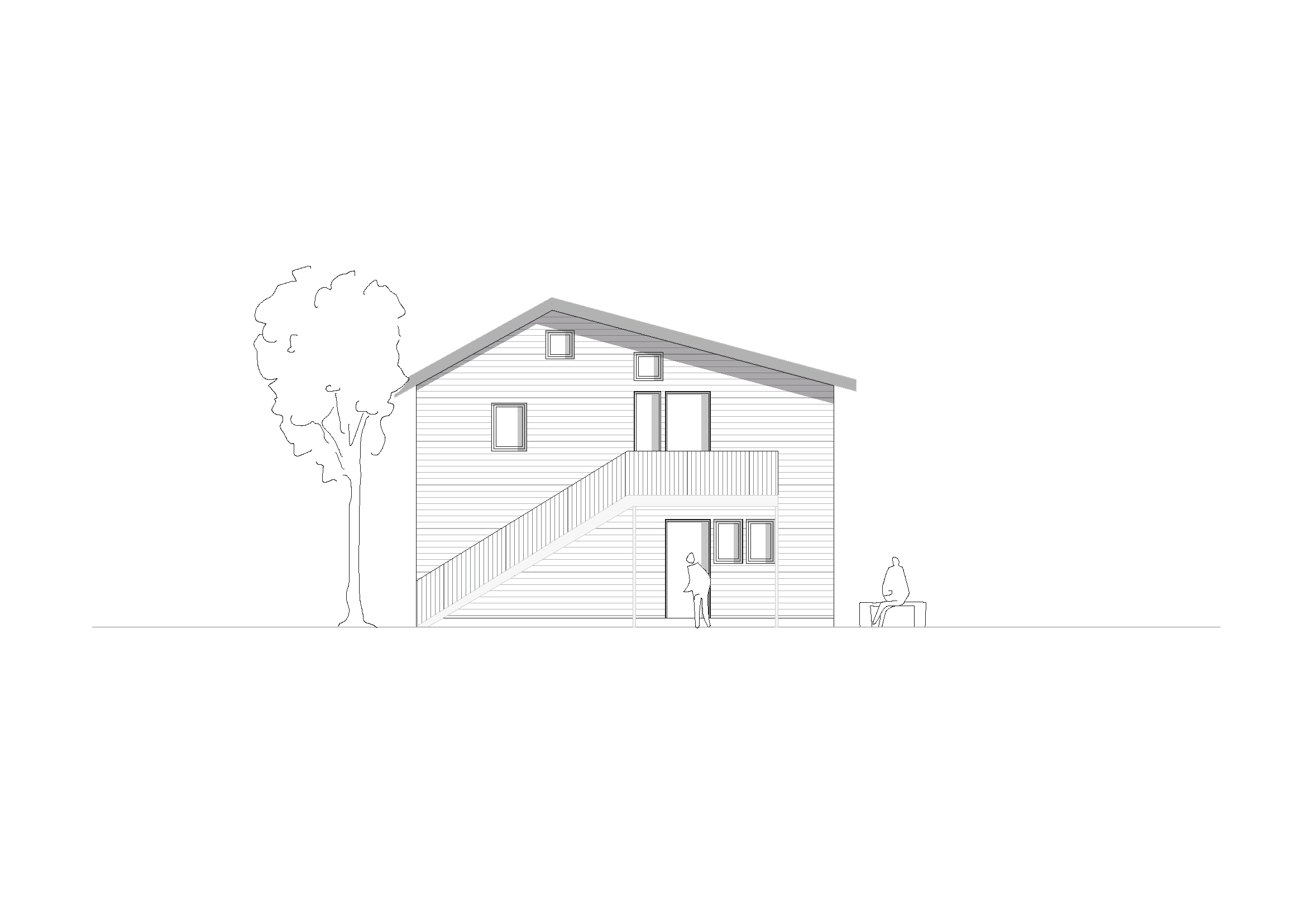 Ansicht des Blauen Hauses mit Treppe.