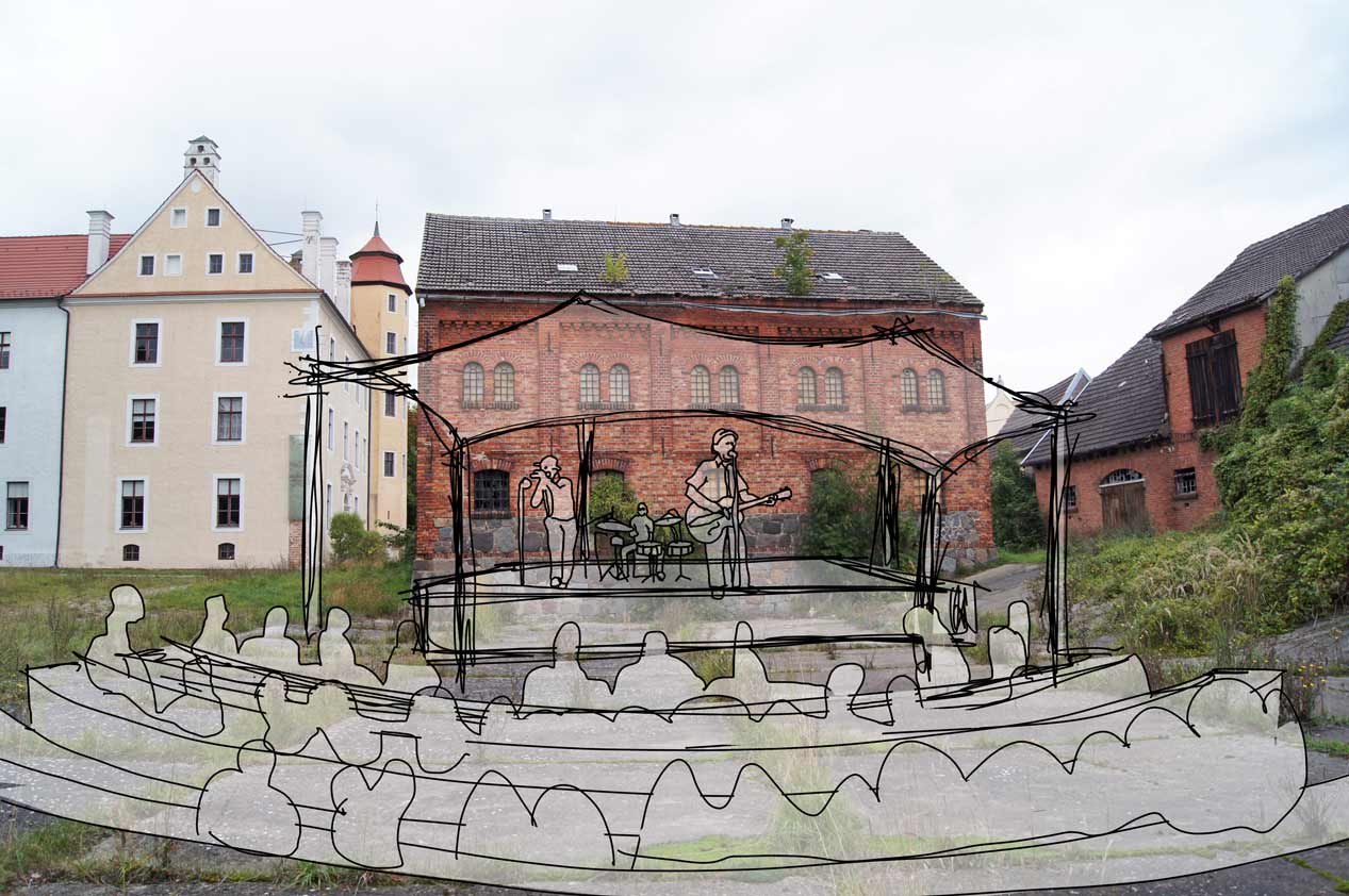 Collage der möglichen Nutzung des Regionalladens mkt Bühne am Schloss Penkun